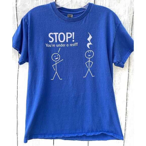 Funny Music Shirt "Stop! You're under a rest!!!" Men's Medium Short Sleeve Blue - Picture 1 of 4